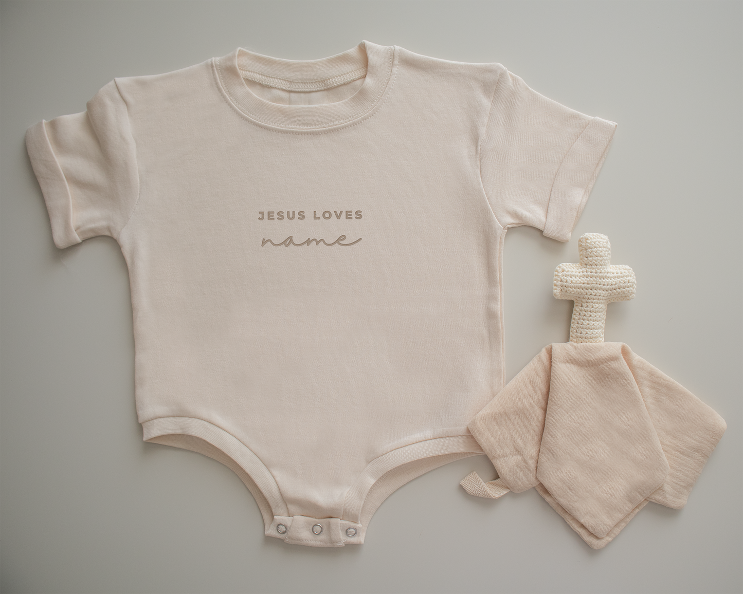 Personalized Jesus Loves Bubble Romper Set (Neutral)