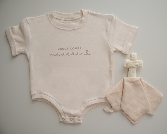 Personalized Jesus Loves Bubble Romper Set (Neutral)